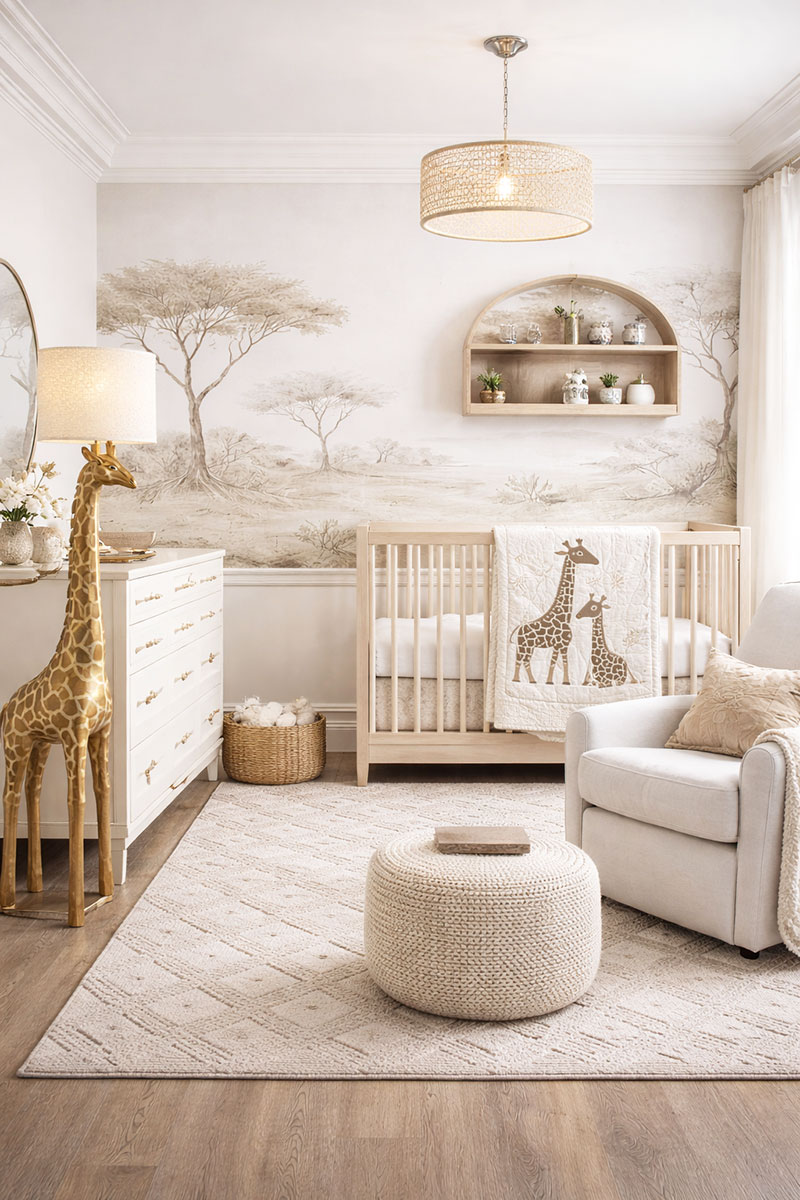 Neutral sepia tone baby giraffe nursery with custom giraffe floor lamp with white shade and African safari scene wall mural