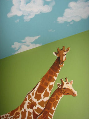 Jungle safari baby nursery wall mural painting with a giraffe and clouds