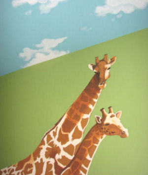Mama and baby giraffe jungle nursery room theme wall mural painting with clouds on the ceiling