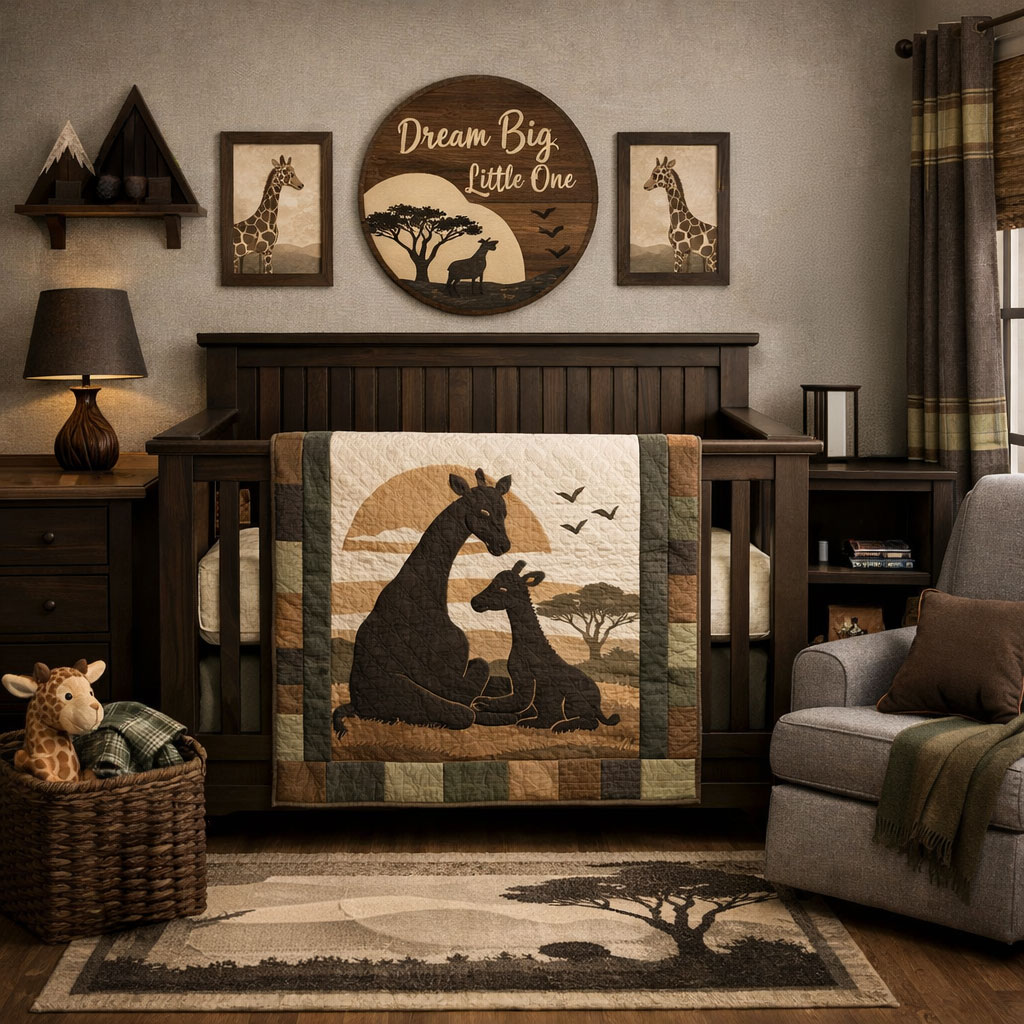 Masculine giraffe nursery with dark wood crib and a quilt showing a mother giraffe and baby giraffe silhouette
