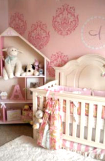 Pink girl nursery wall painting ideas using damask stencils