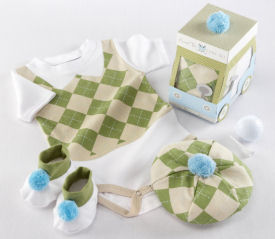 A sweet baby golf clothes set in argyle with shoes and a hat make lovely baby shower gifts