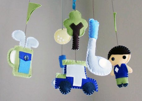 Handmade golf theme baby crib mobile for a baby boy or girl nursery room