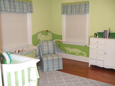 Preppy baby boy golf nursery theme with argyle curtains, golf crib bedding set and hole-in-one wall mural