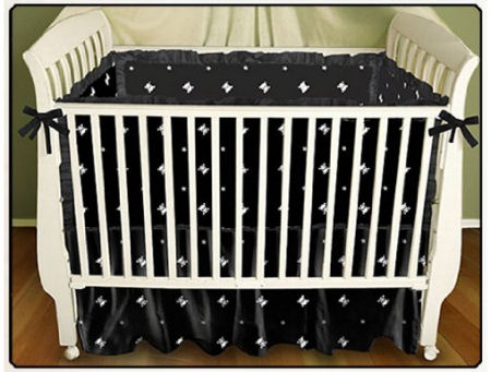 Elegant gothic black and white skulls baby crib bedding set for a goth or punk baby nursery theme