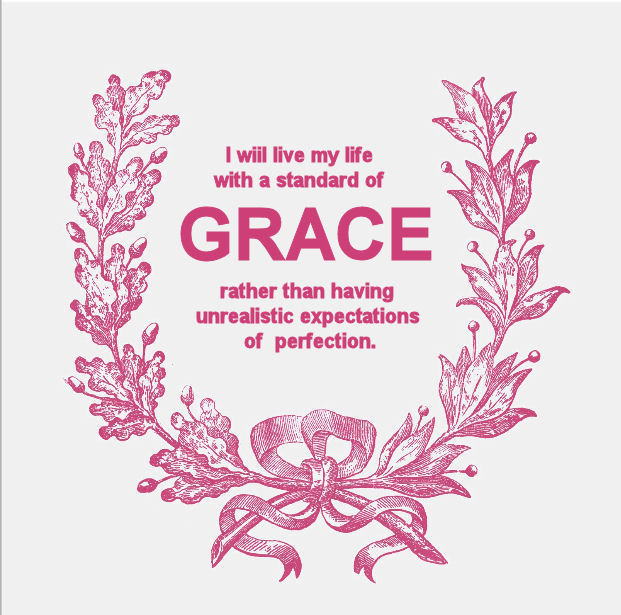 Inspirational vintage style baby girl Grace saying quote quotation in pink and antique white framed by a wreath of leaves tied with a bow