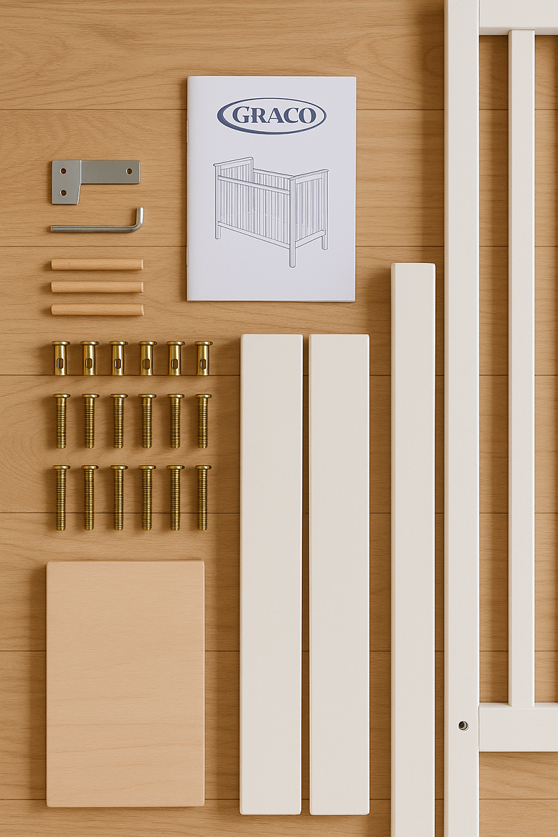 Organized Graco crib hardware layout with bolts, barrel nuts, brackets, and tools