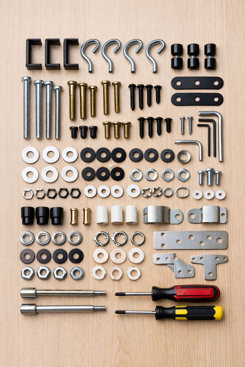 Organized Graco crib screws, bolts, and replacement hardware arranged for identification