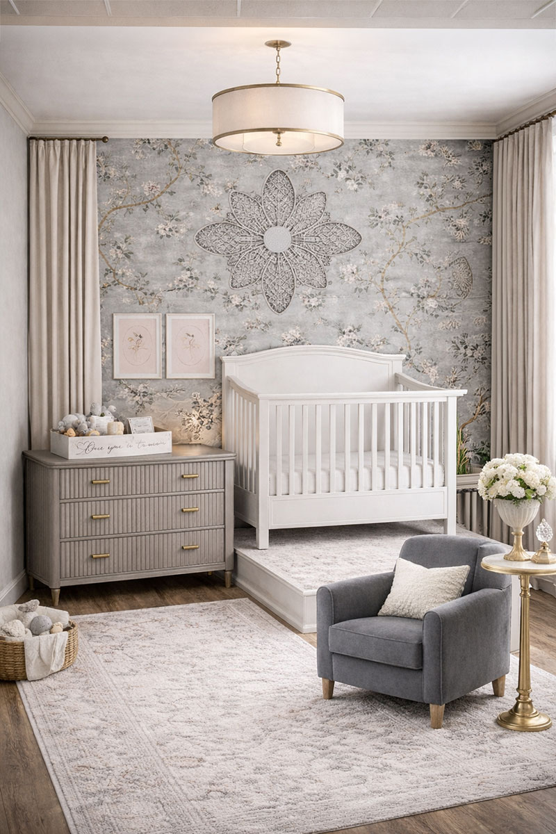 Gray and charcoal baby nursery color scheme with soft gray walls, charcoal accents, and warm white crib