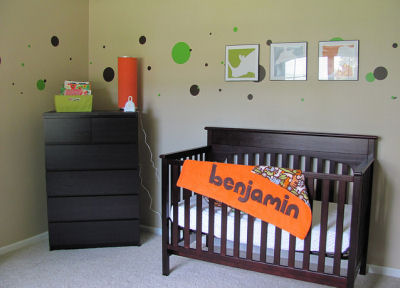 Benjamin's Personalized Green and Brown Polka Dots Nursery Decor with a Cute Splash of Bright Orange