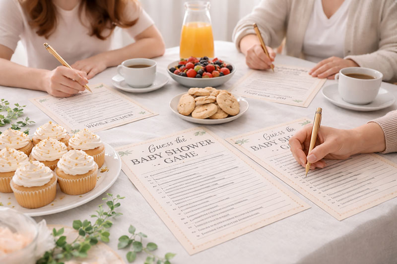 Printed baby shower game cards and pens arranged neatly for guests