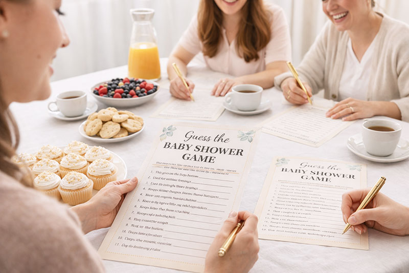 Host reading baby shower clues while guests write answers at a table