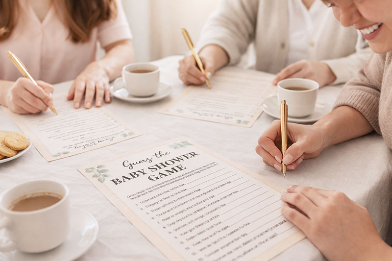 Guests laughing while playing guess the baby shower game with cards and clues