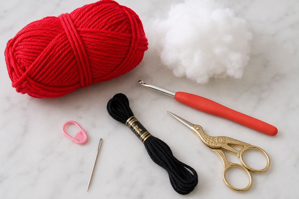 Bright solid color yarn crochet hook black embroidery floss fiberfill stitch marker tapestry needle and scissors arranged for a gummy bear crochet pattern