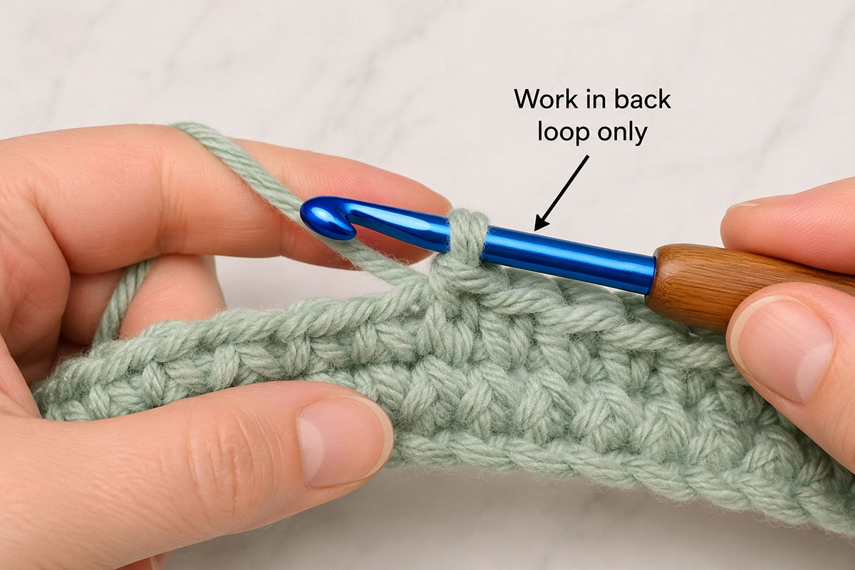 Close overhead view showing crochet hook placement beneath the back loop of a chunky half double crochet stitch
