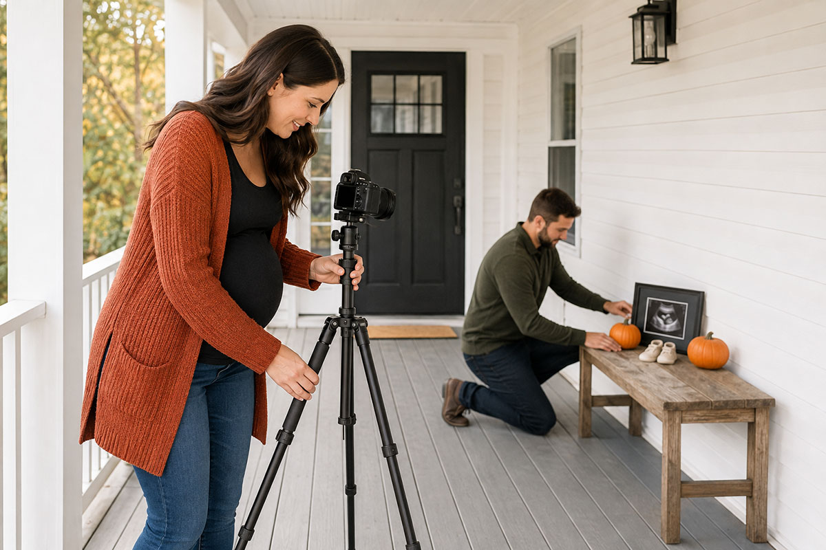 Expectant couple arranging a camera tripod in front of a simple Halloween baby announcement display on a porch