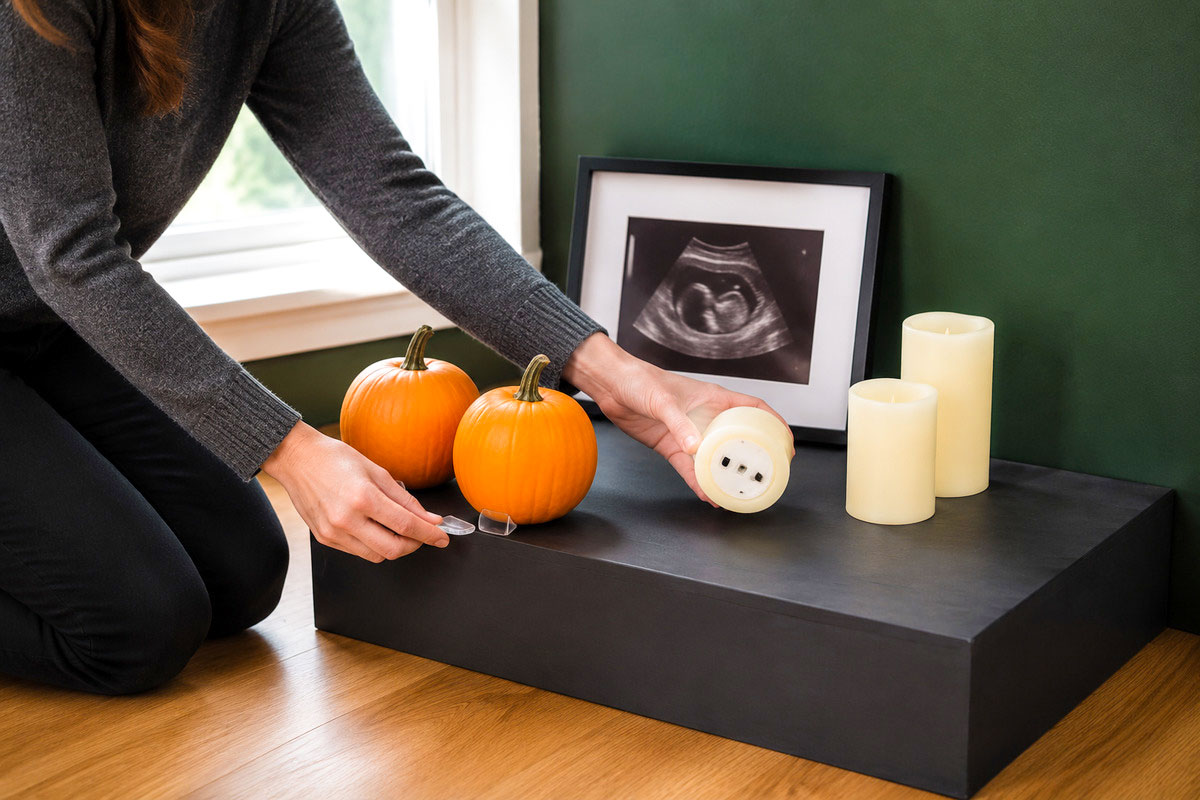 Adult securing unlit pumpkins and battery-operated candles in a Halloween baby announcement photo area
