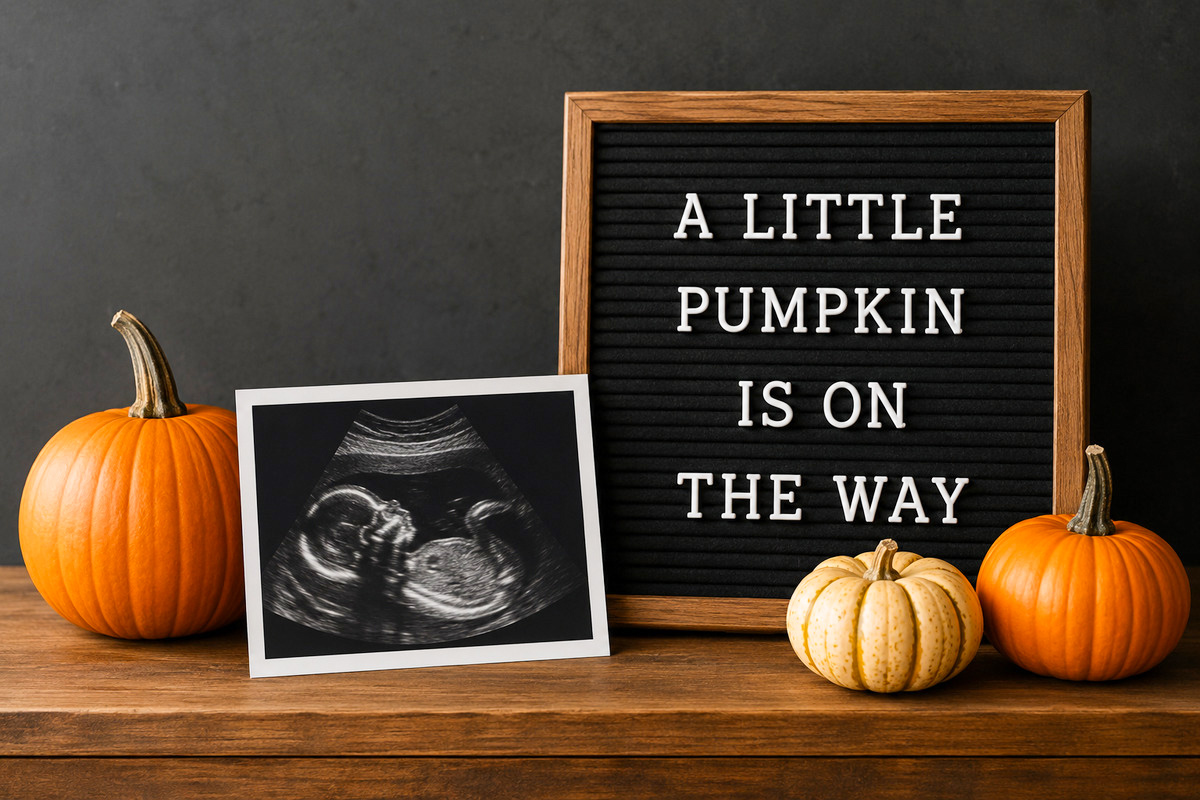 Halloween baby announcement with an ultrasound photo, small pumpkins and a personalized letter board