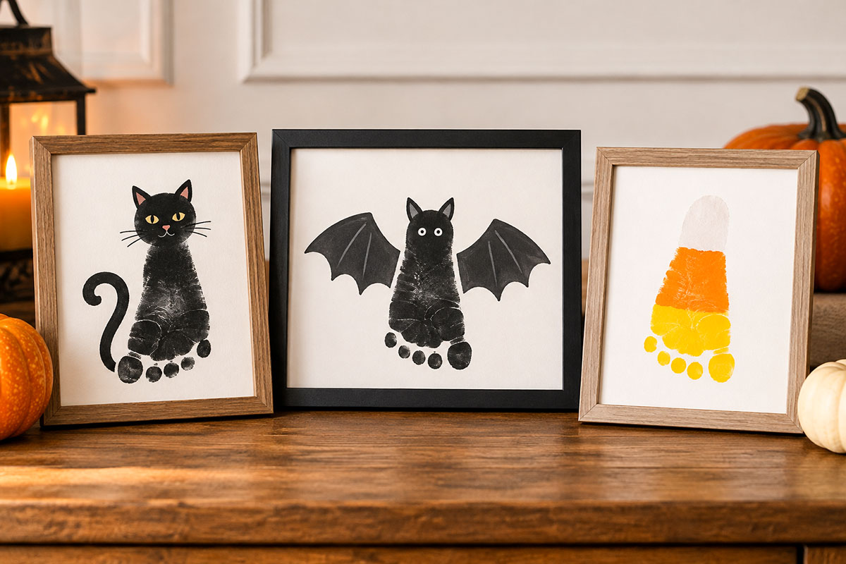 Black cat, bat and candy corn baby footprint Halloween keepsakes displayed together in framed artwork