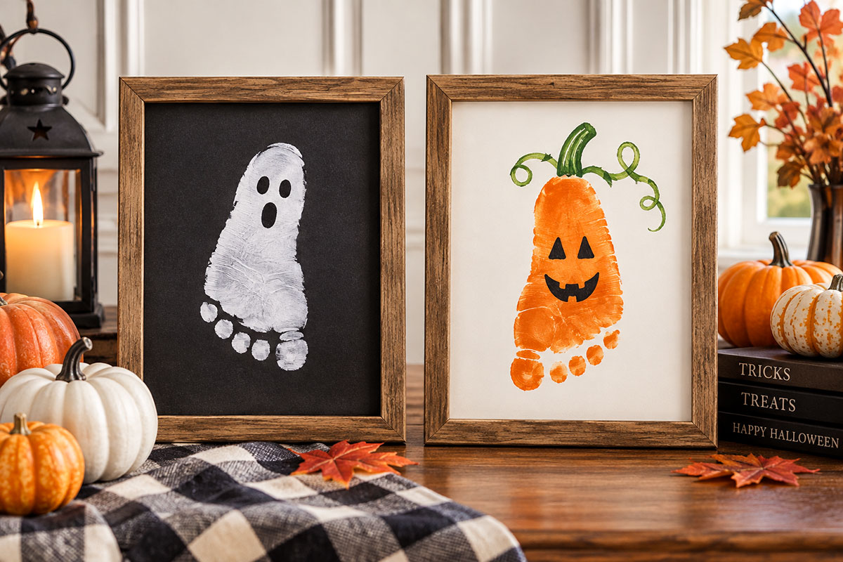 Framed baby footprint ghost and pumpkin Halloween keepsakes in an elegant fall display