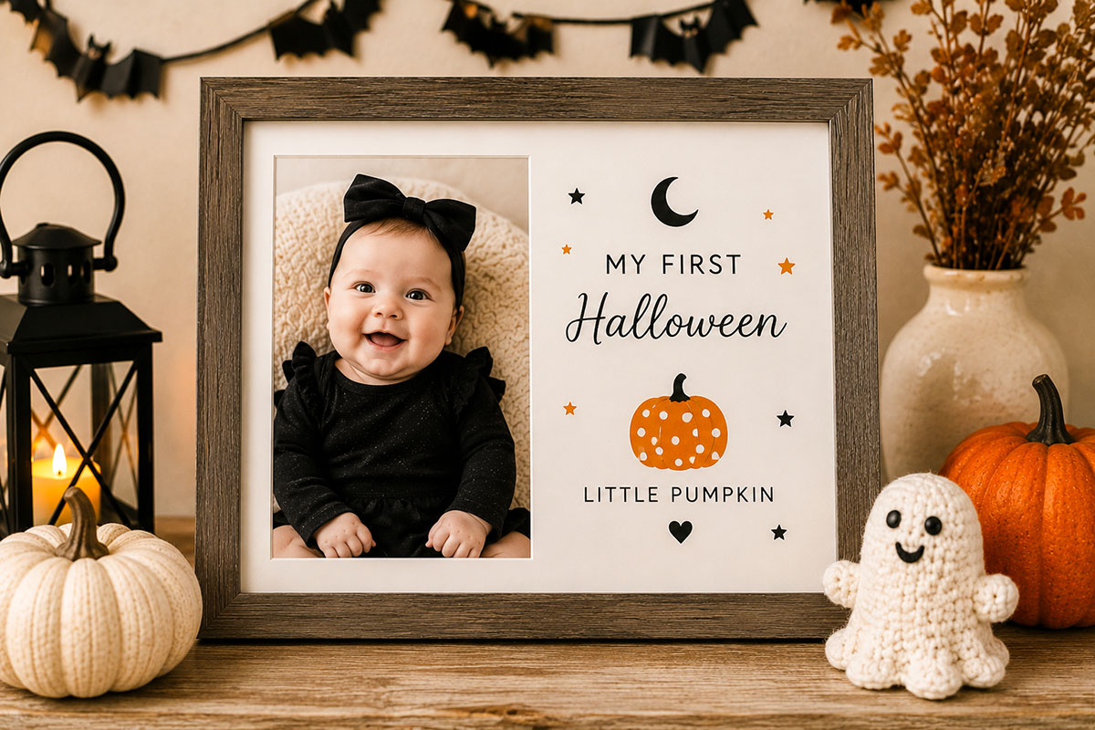 Framed Halloween baby photo keepsake with a first Halloween message, small pumpkin and simple seasonal nursery styling
