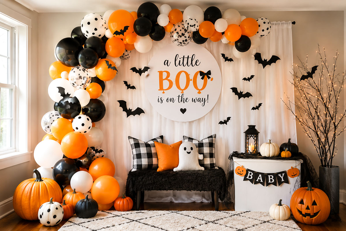 Halloween baby shower backdrop decorated with balloons paper bats pumpkins and a baby shower sign