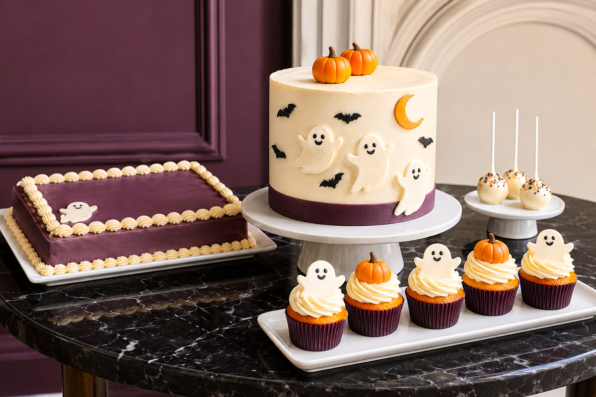 Halloween baby shower cakes with friendly ghosts, pumpkins, crescent moons and cute Little Boo decorations