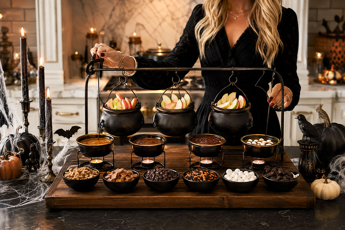 Elegant Halloween caramel apple warming station with apple slices in hanging cauldrons, warm dipping sauces and bowls of toppings