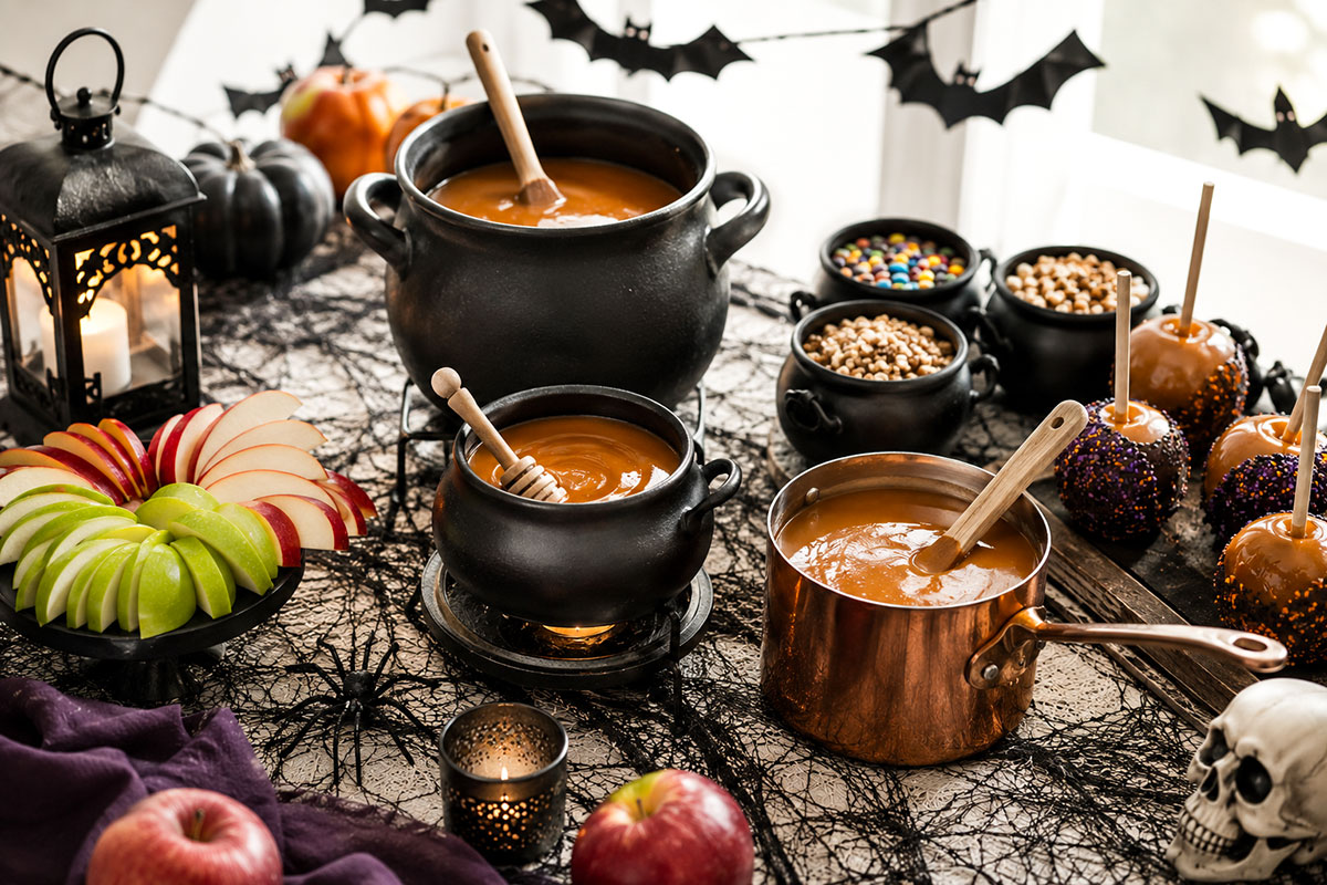 Halloween caramel apple bar showing warm caramel served in black cauldrons and a copper saucepan with apple slices and toppings