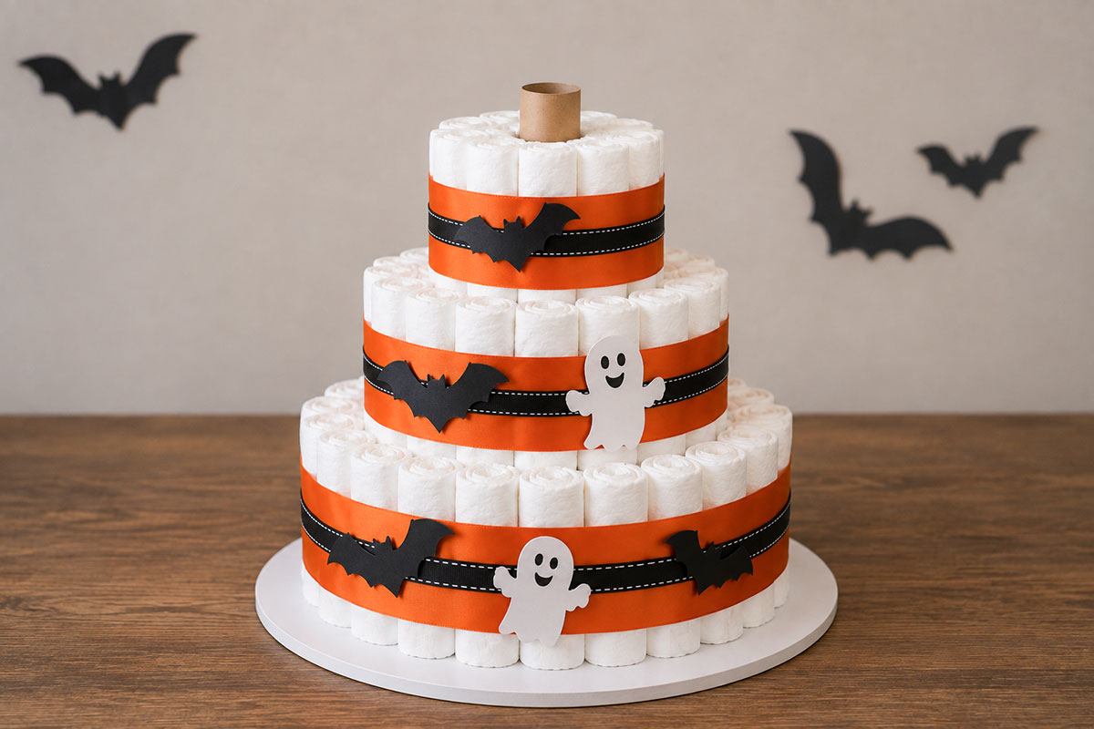 Three-tier Halloween diaper cake with orange and black ribbon as bat and ghost decorations are positioned before adding the pumpkin topper