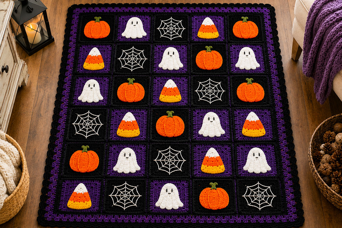 Completed Halloween granny square blanket arranged with pumpkin ghost spider web and candy corn crochet squares