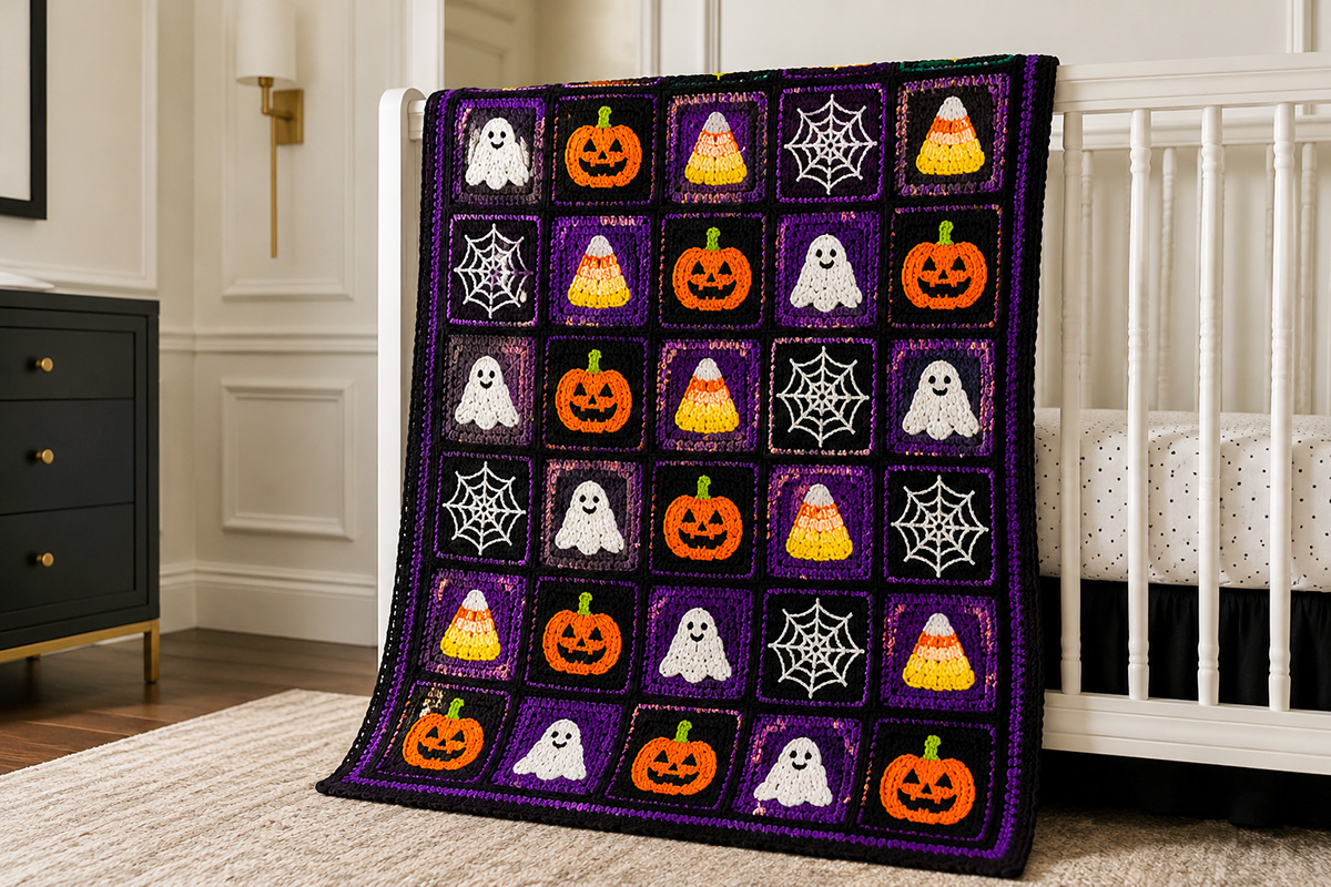 Crochet Halloween granny square blanket with pumpkin, ghost, spider web and candy corn squares