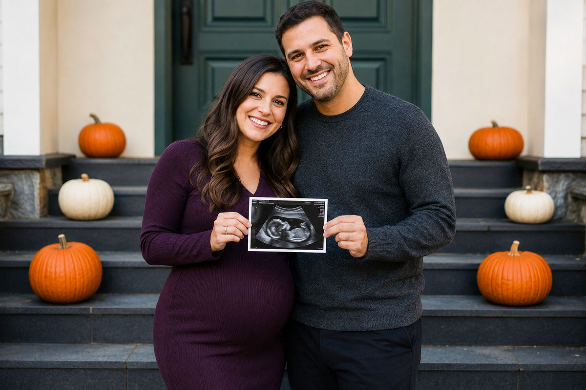 Expectant parents holding an ultrasound photo between them with pumpkins arranged on the steps behind them