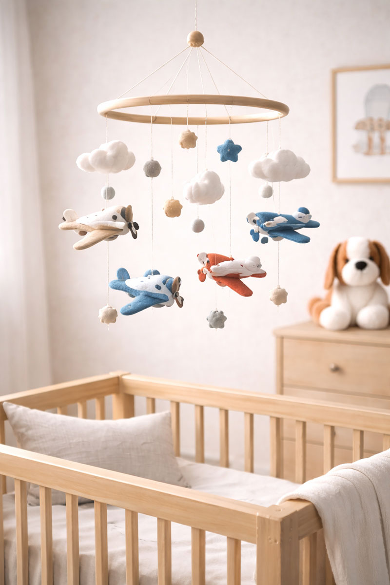 Handmade airplane baby mobile for a travel themed nursery