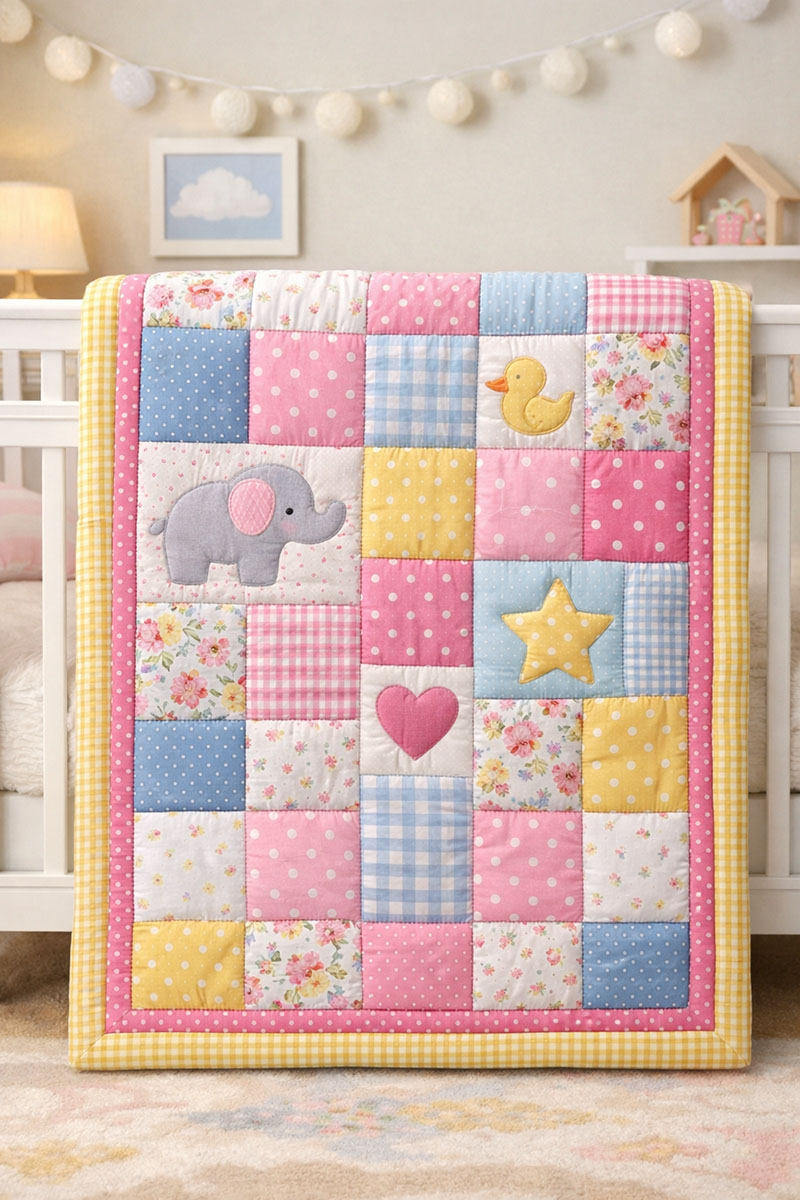 Handmade baby quilt with patchwork design styled on a crib for nursery inspiration