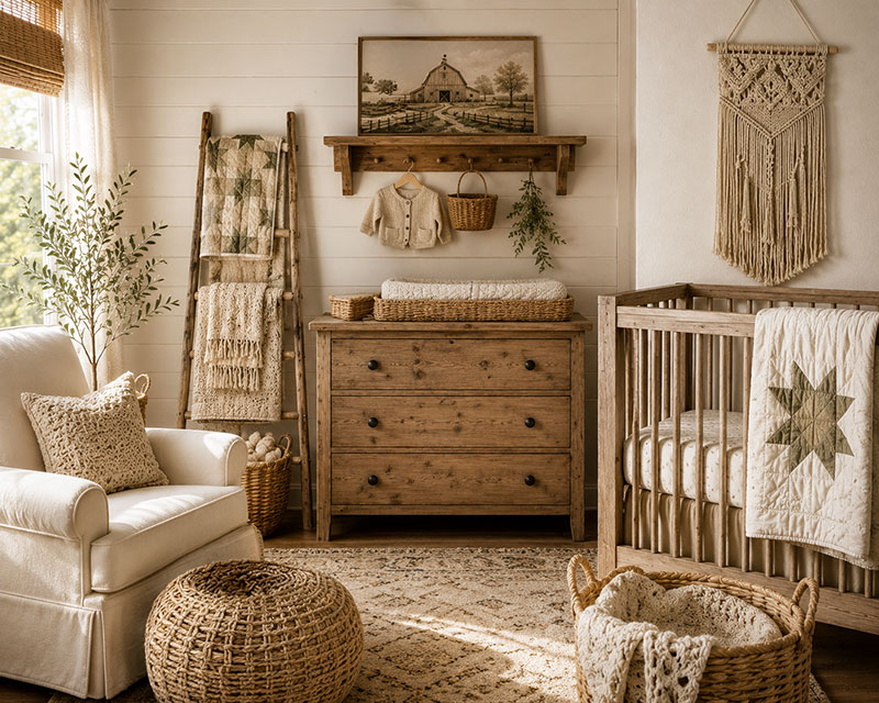 Handmade farm nursery details with crochet blanket, rustic nursery decor, and farmhouse baby room styling