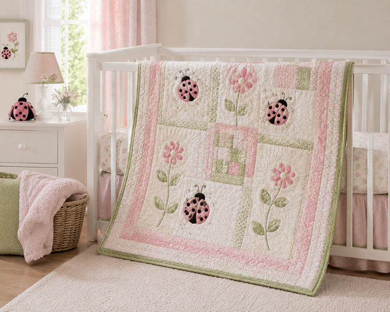 Handmade ladybug crib quilt with pink floral appliques displayed over a nursery chair