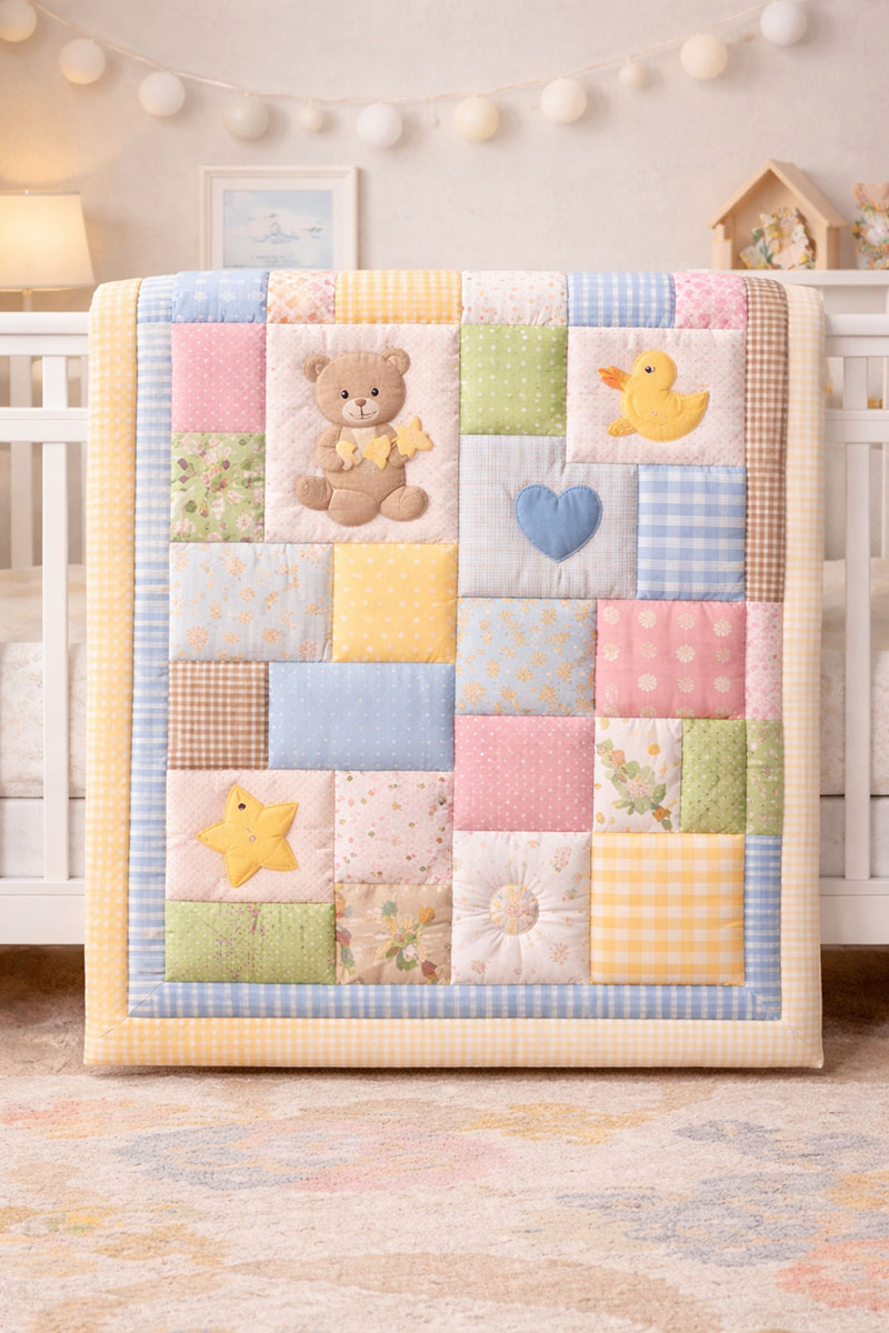 patchwork applique baby crib quilt with yellow baby ducks hearts