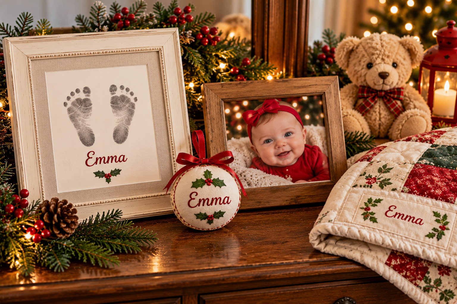 Handmade personalized baby Christmas gifts for grandparents featuring a framed baby footprint with name and date, embroidered fabric ornament and small framed Christmas photograph on a vintage sideboard