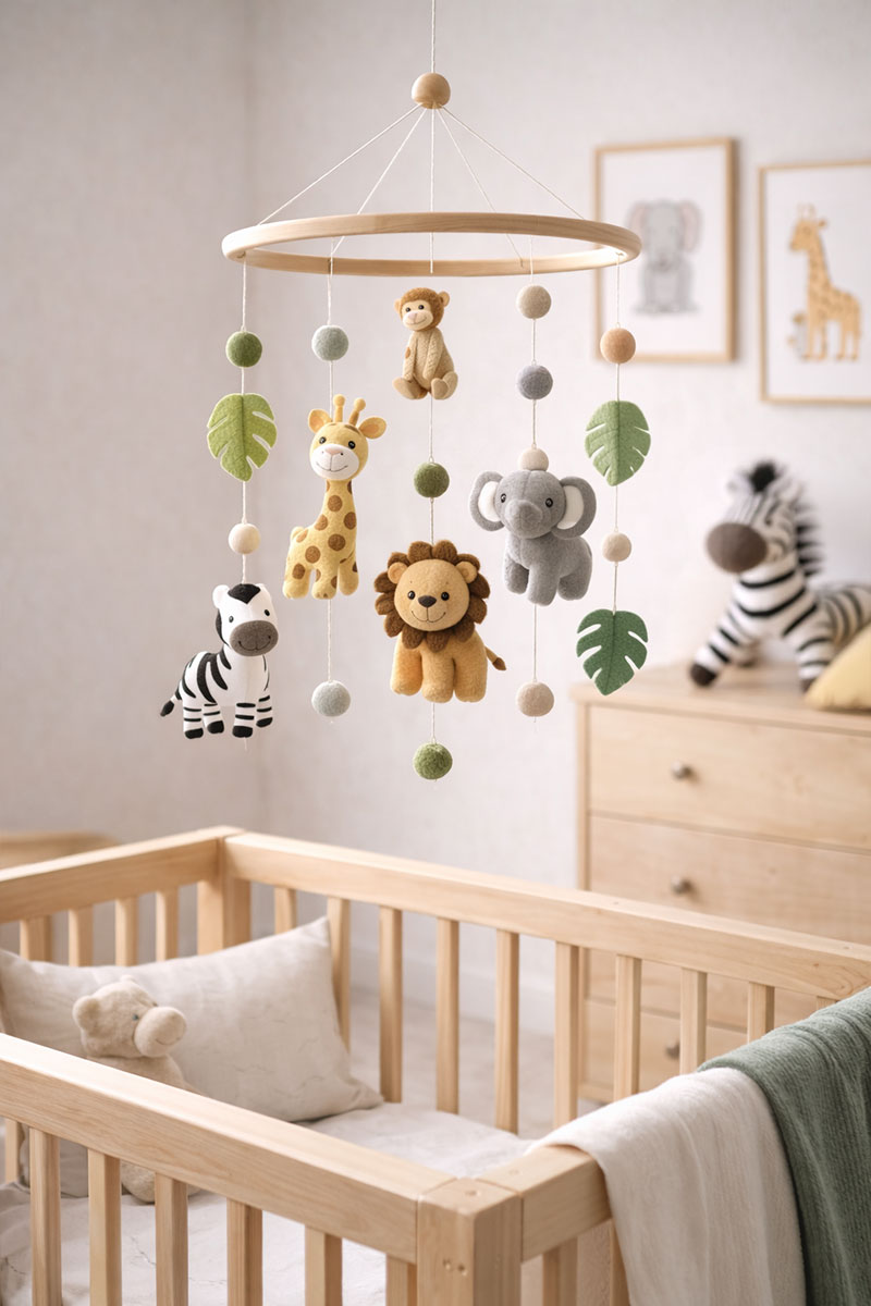 Handmade safari animal baby mobile with soft felt animals