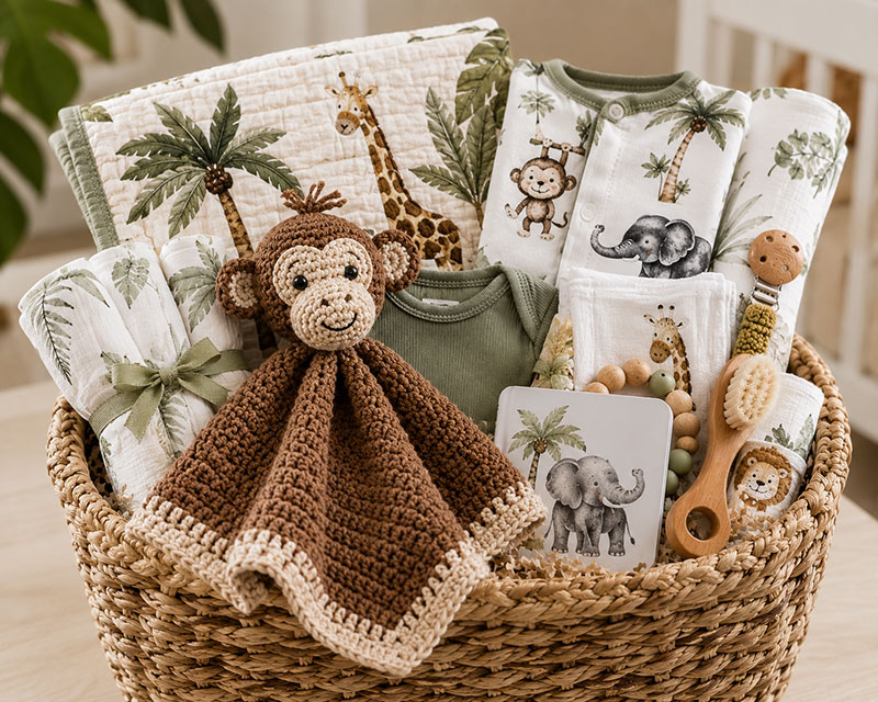 Handmade safari baby shower gifts with folded baby textiles and jungle animal nursery accents