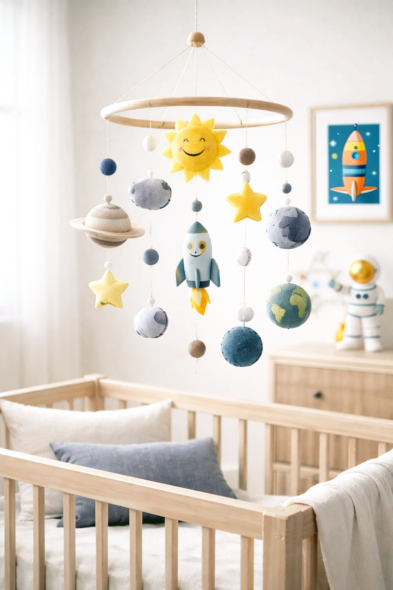 Handmade space themed baby mobile with planets and stars