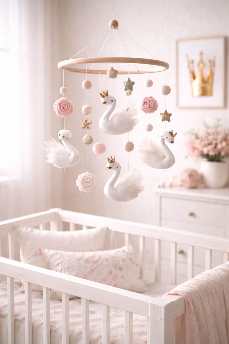 Handmade swan baby mobile for a baby girl nursery