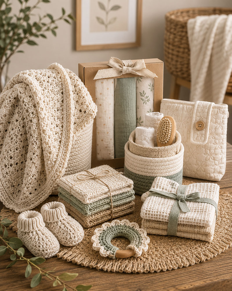 handmade unique baby gifts including quilt and crochet blanket in a nursery