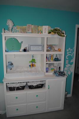 White Painted Nursery Furniture in our Baby's Blue Hawaiian Nursery 