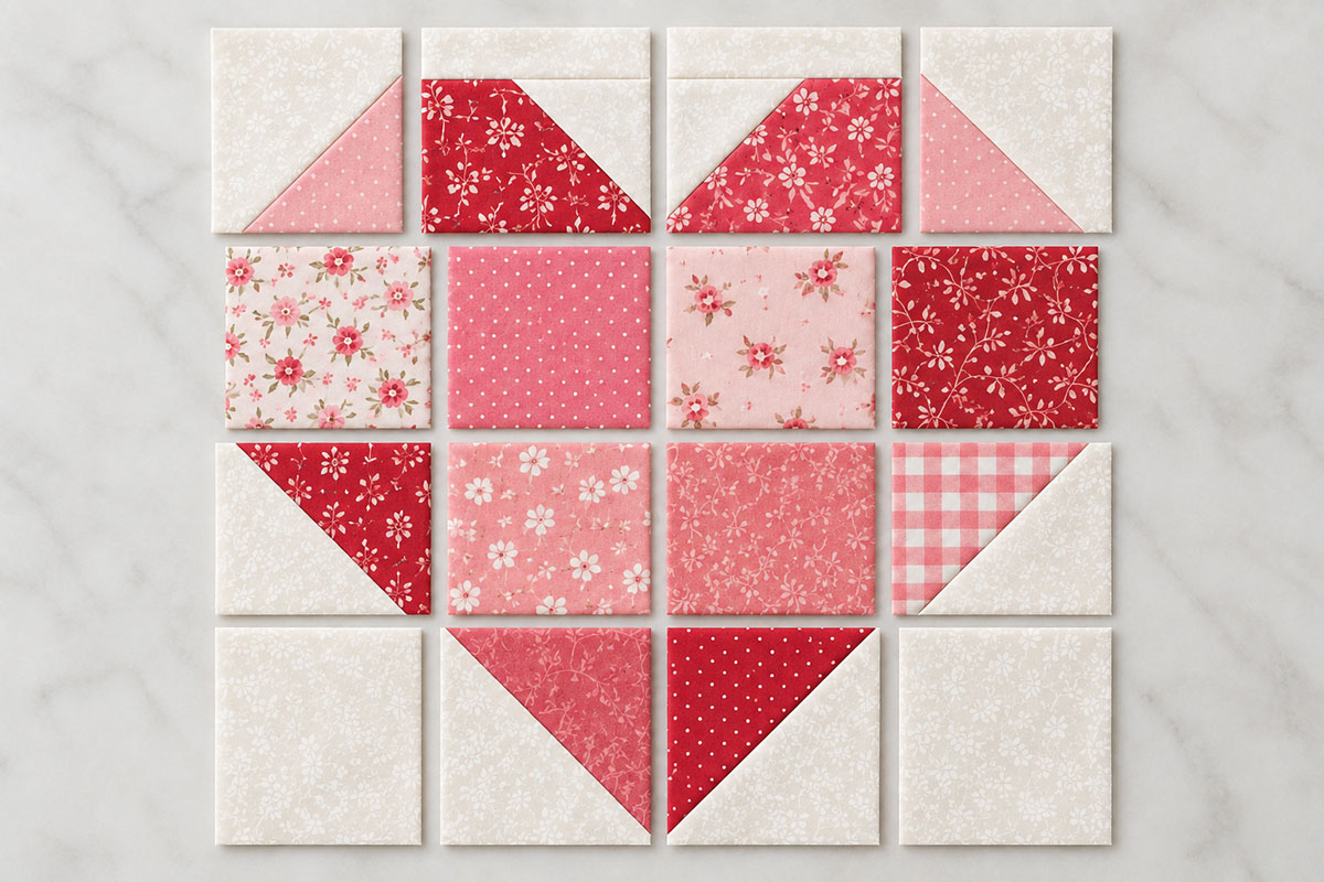 Sixteen pieced units arranged in four rows to form the pink and red heart quilt block before the rows are sewn together