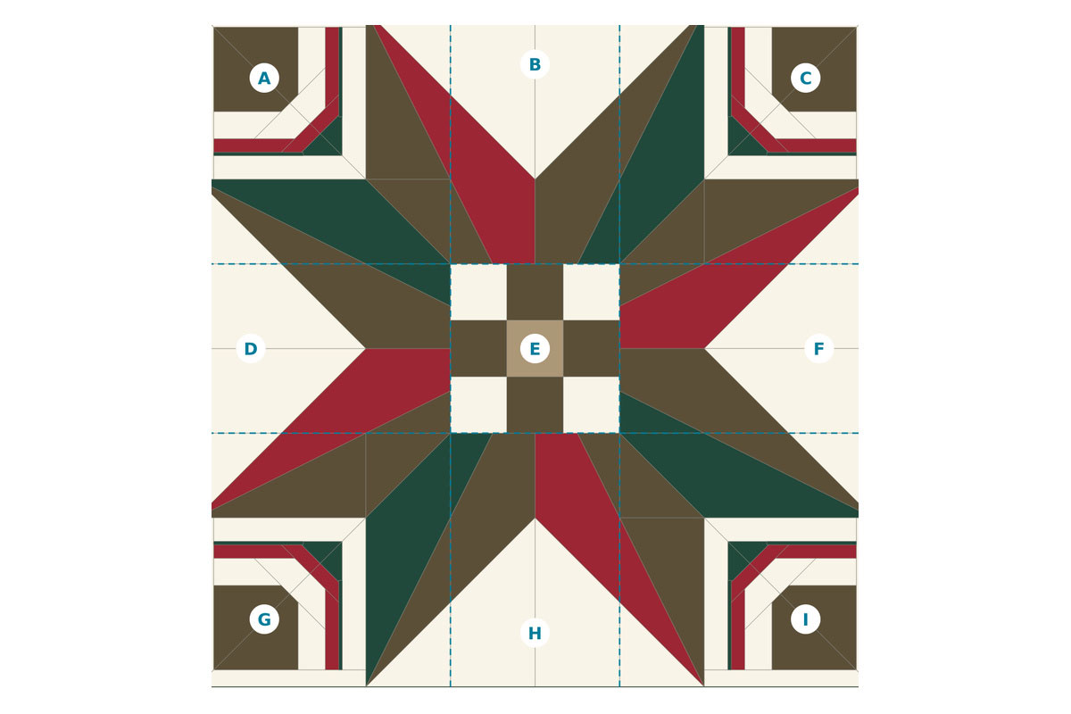 Front-view Hearthlight Star quilt block diagram showing nine assembly units, a small checkerboard center, broad red and green star points and clipped corner frames