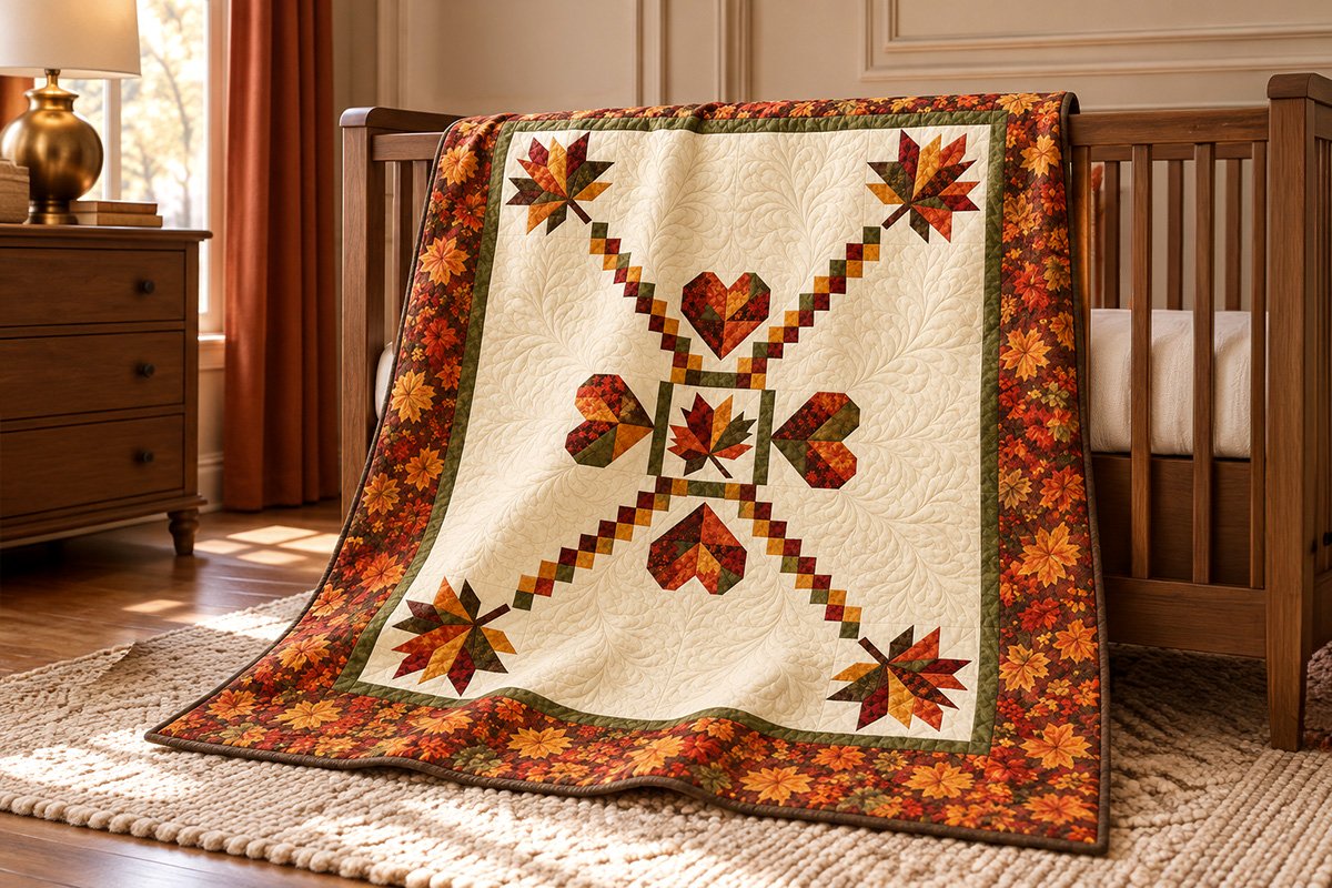 Hearts of Fall heart quilt pattern with pieced autumn maple leaves patchwork hearts mirrored chains and fall leaf border