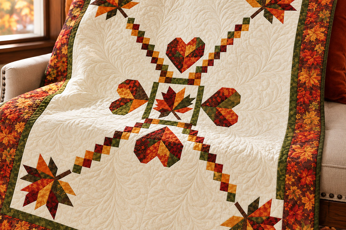 Hearts of Fall quilt detail showing the mirrored stepped chain of small rust gold pumpkin olive and brown patchwork squares