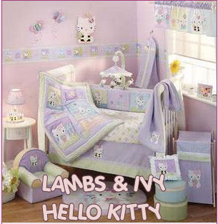 Pink Hello Kitty 4 piece nursery bedding set with baby room decorations, mobile and wall decor